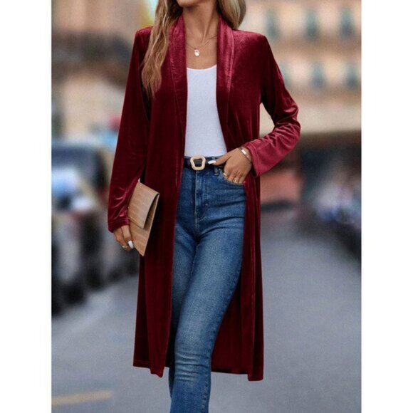 Long velvet cardigan duster coat fold over collar black - Picture 1 of 2